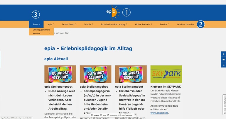 Erklärung zur Webseite von epia – Erlebnispädagogik im Alltag – Hinweise auf Inhalte der einzelnen Rubriken, hier Startseite