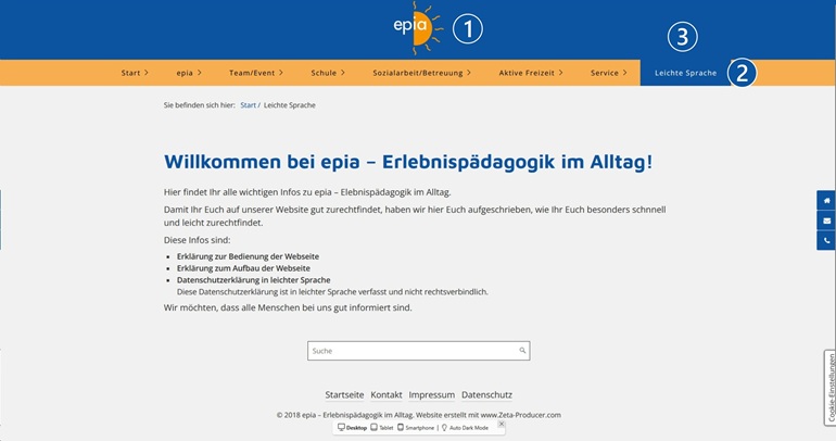 Erklärung zur Webseite von epia – Erlebnispädagogik im Alltag – Hinweise auf Inhalte der einzelnen Rubriken, hier Informationen über Leichte Sprache